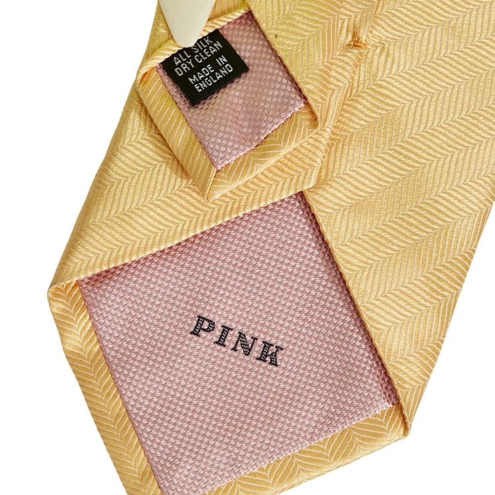 Thomas Pink Men's 100% Silk Necktie England Designer Yellow Gold Herringbone - Picture 4 of 7